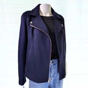 Micro-suede Moto Bomber Style Jacket in Navy Blue Size Medium